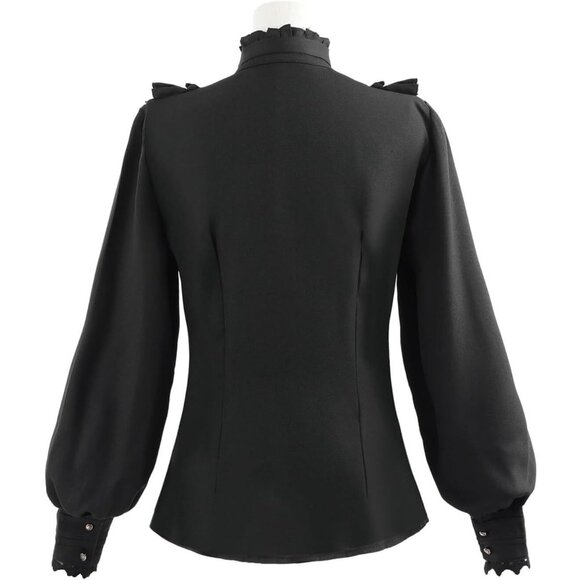 Women Black Victorian Blouse Gothic Shirt Vintage Long Sleeve Lotus Ruffle Tops - Picture 2 of 9